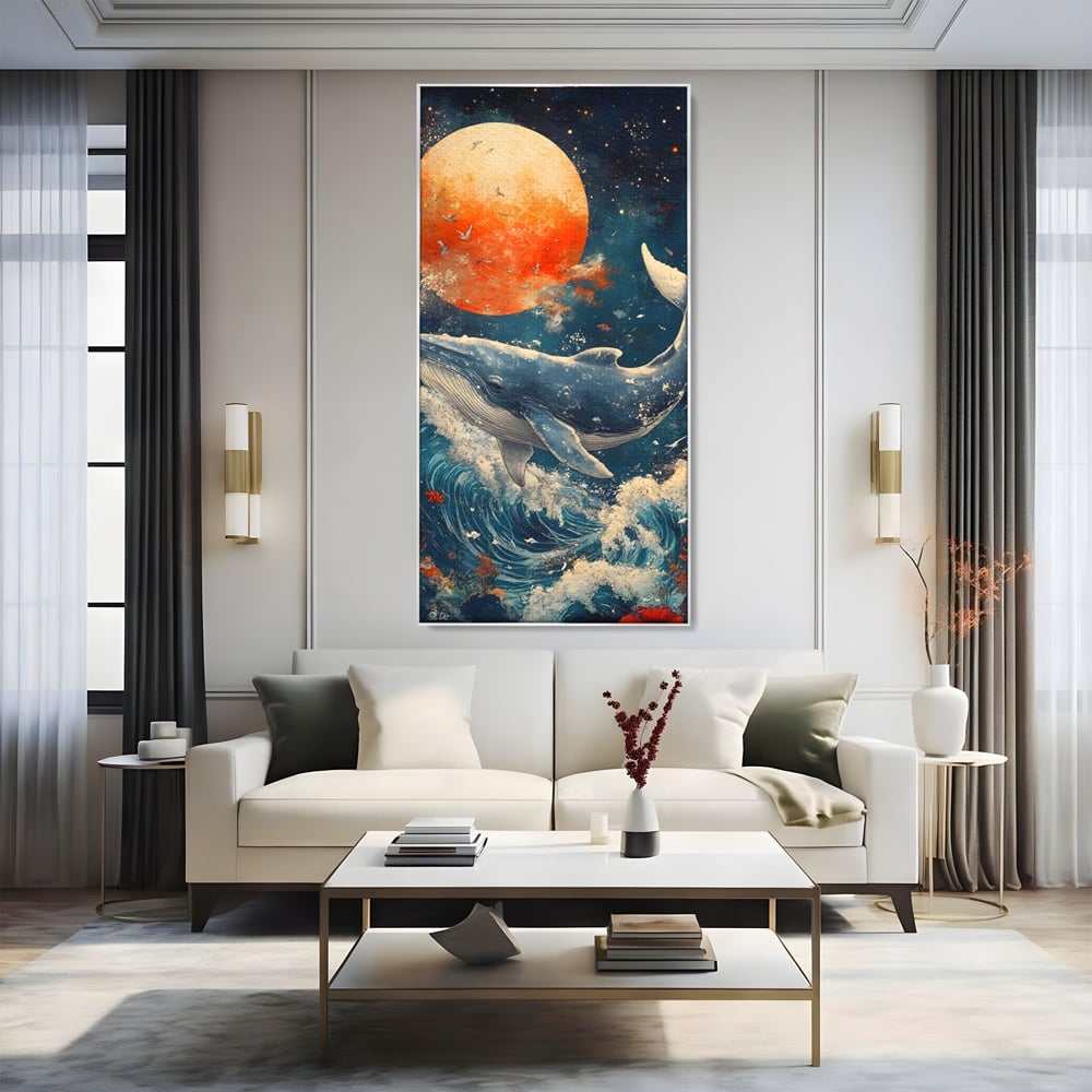 Tablou canvas cu tablou canvas cu balena si luna, in rama de aluminiu argintiu, pe perete intr-un living